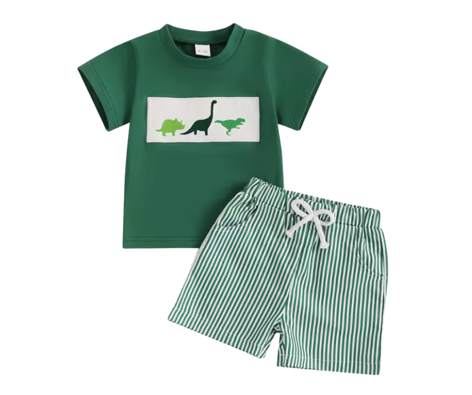 Green Dino Embroidered Stripped Short Set