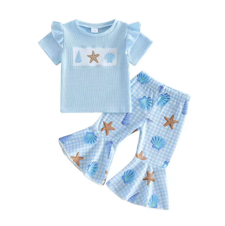 Blue Seashell Embroidered Bell Set