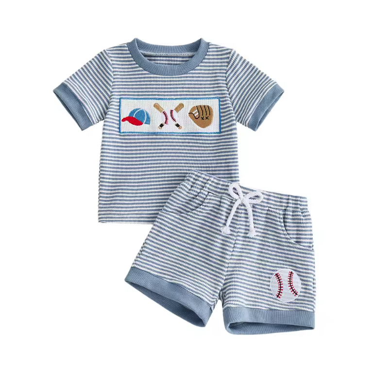 Blue Waffle Knit Embroidered Baseball Short Set