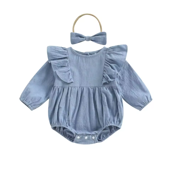 Blue Ruffle Bubble Romper and Bow