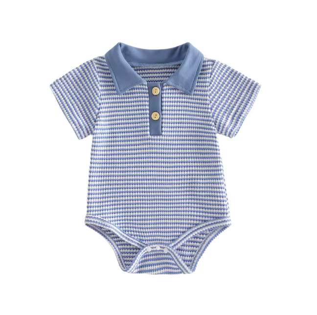 Blue Waffle Knit Striped Collared Romper
