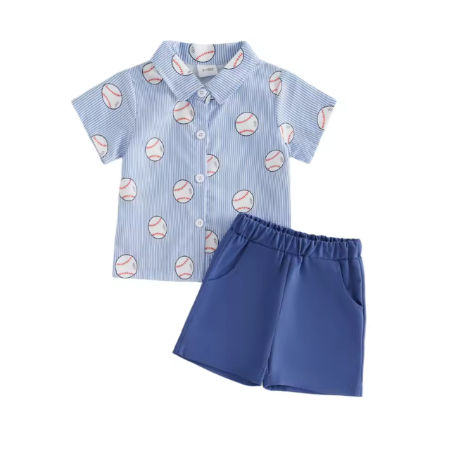 Blue Striped Baseball Collared Short Set