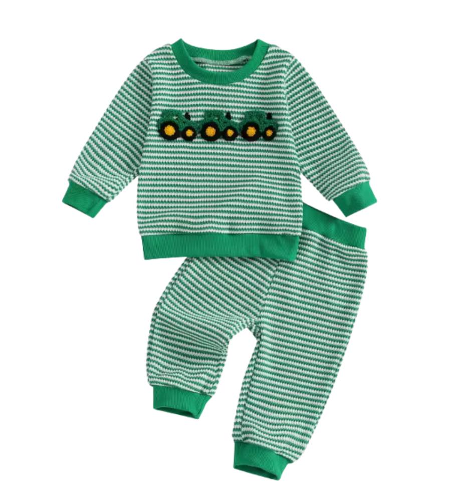 Green Striped Waffle Knit Tractor Lounge Set
