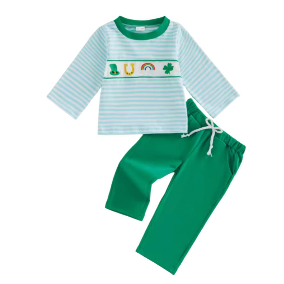 Embroidered Rainbow Shamrock Striped Pants Set