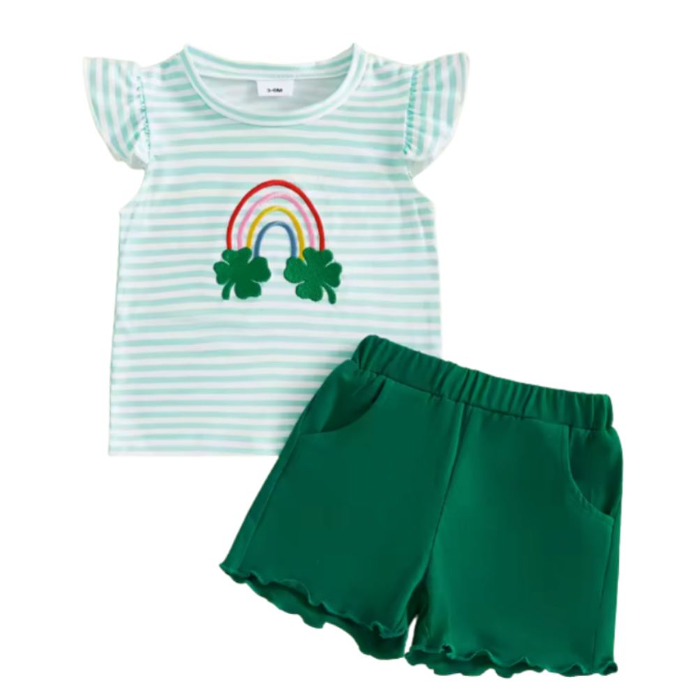 Embroidered Rainbow Striped Green Flutter Sleeve Short Set