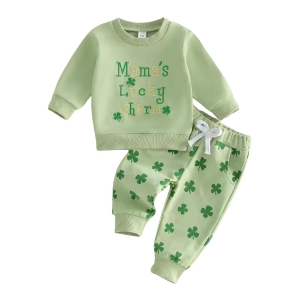 Green Embroidered Mama's Lucky Charm Lounge Set
