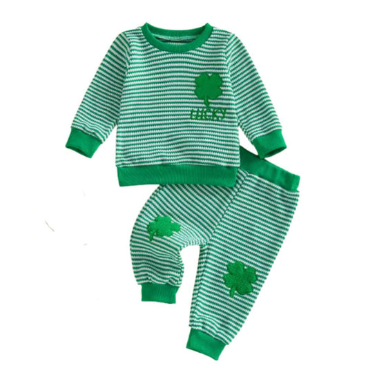 Embroidered Lucky Waffle Knit Striped Lounge Set