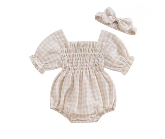 Tan Gingham Bubble Romper and Bow