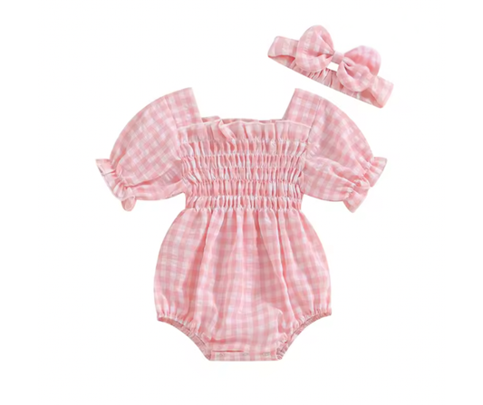 Pink Gingham Bubble Romper and Bow