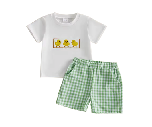 Embroidered Chick Green Gingham Short Set