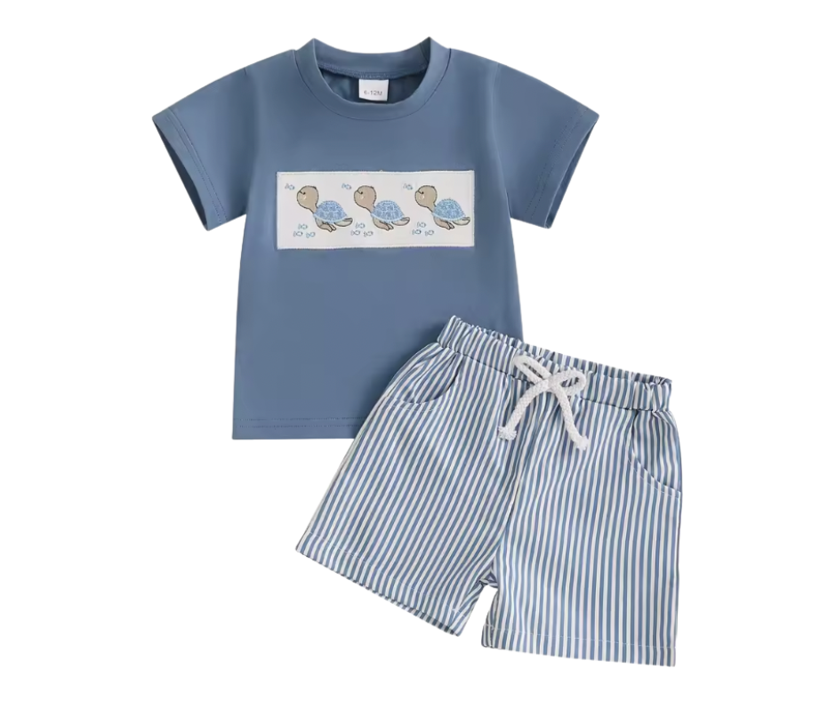Blue Turtle Smocked Short Set