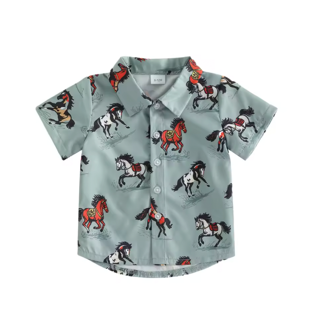Blue Horses Collared Shirt