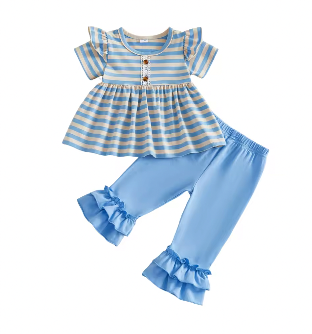 Blue Striped Ruffle Top and Pant Set