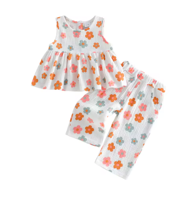 Bright Floral Linen Flower Pant Set