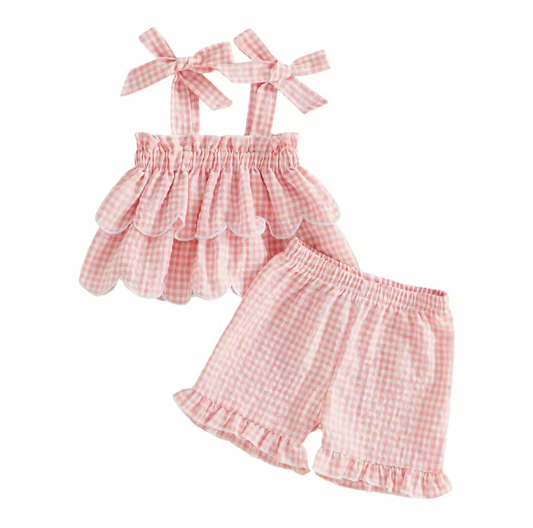Pink Ruffle Gingham Bow Sleeve Short Set