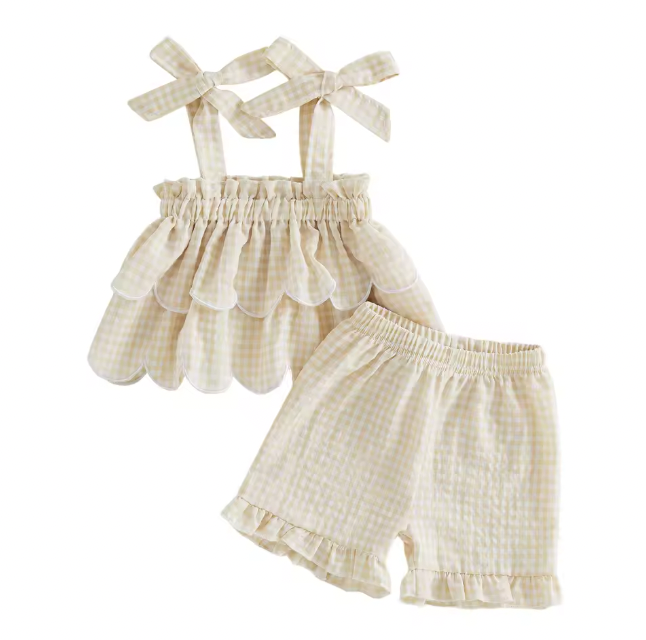 Tan Ruffle Gingham Bow Sleeve Short Set