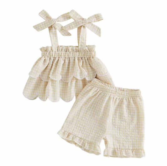 Tan Ruffle Gingham Bow Sleeve Short Set