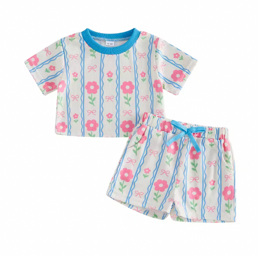 Pink Flowers Blue Trim Short Set