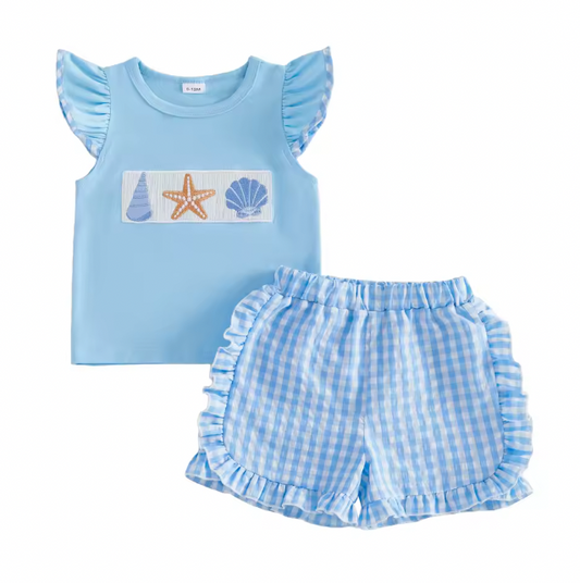 Blue Embroidered Starfish Seersucker Short Set