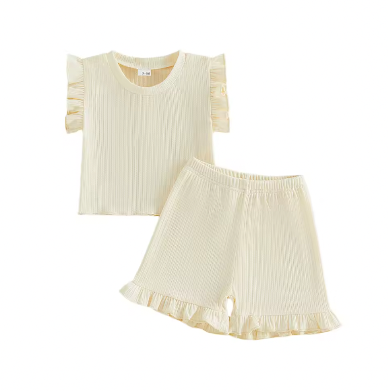 Cream Solid Ruffle Short Set
