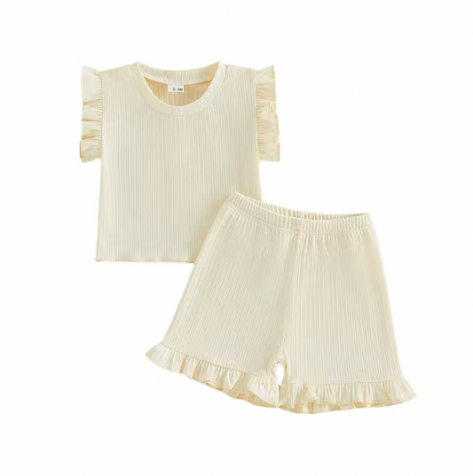 Cream Solid Ruffle Short Set