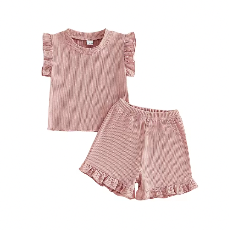 Pink Solid Ruffle Short Set