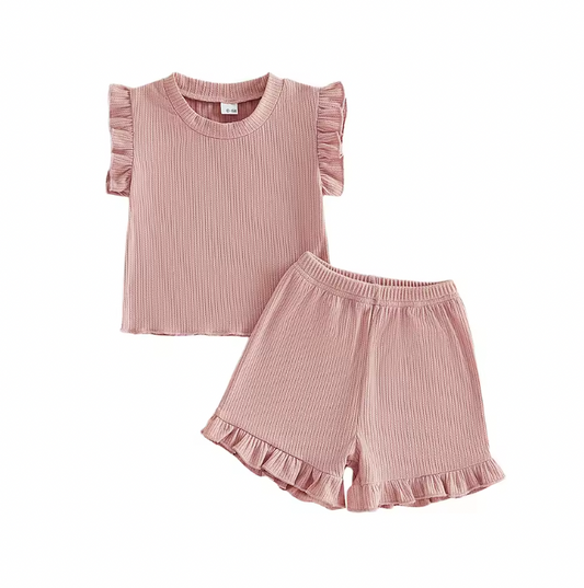 Pink Solid Ruffle Short Set