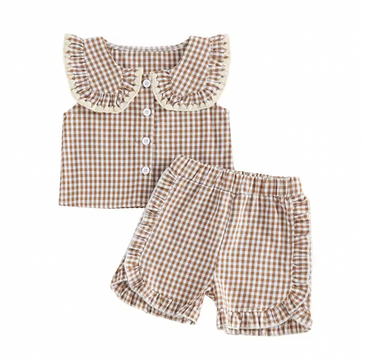 Tan Ruffle Collared Button Short Set