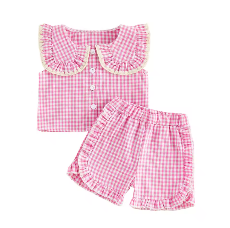 Pink Ruffle Collared Button Short Set