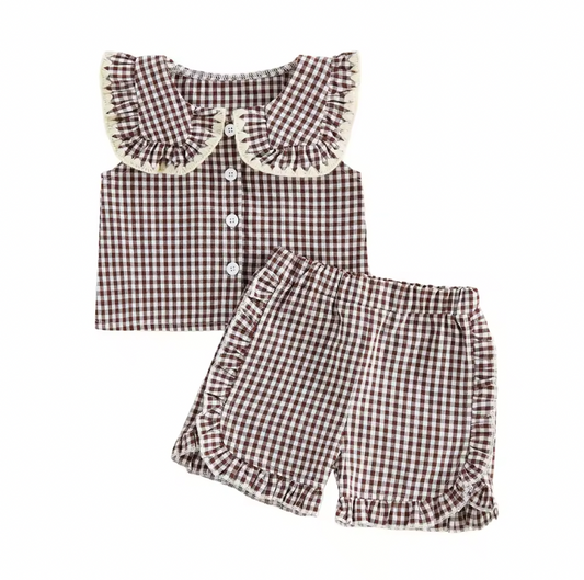 Dark Brown Ruffle Collared Button Short Set