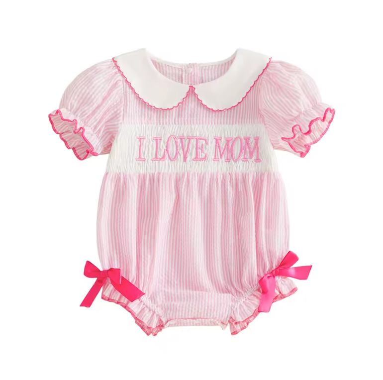 Pink Seersucker Smocked I Love Mom Romper