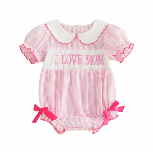Pink Seersucker Smocked I Love Mom Romper