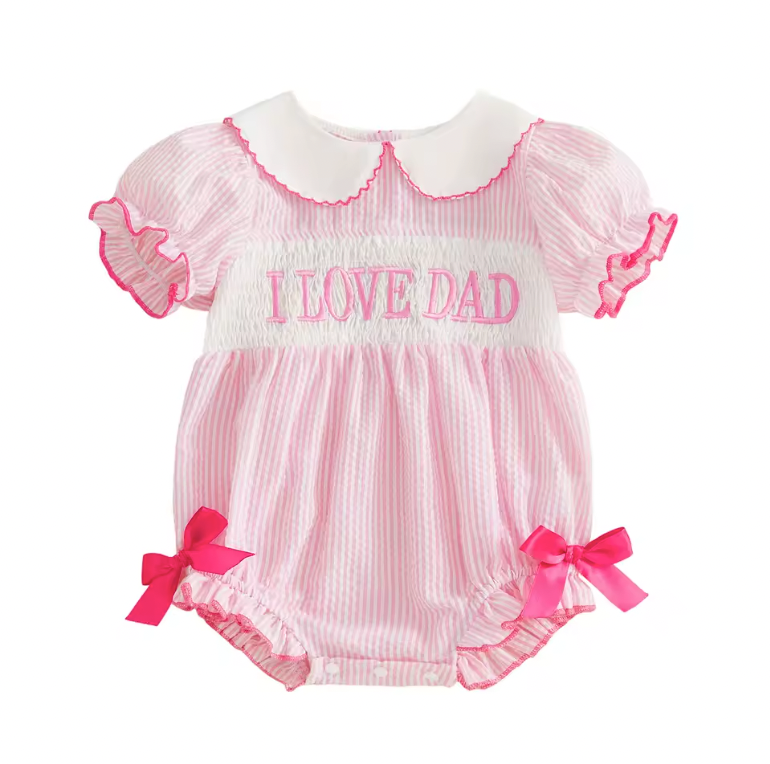 Pink Seersucker Smocked I Love Dad Romper
