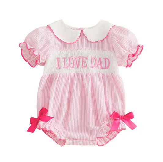 Pink Seersucker Smocked I Love Dad Romper