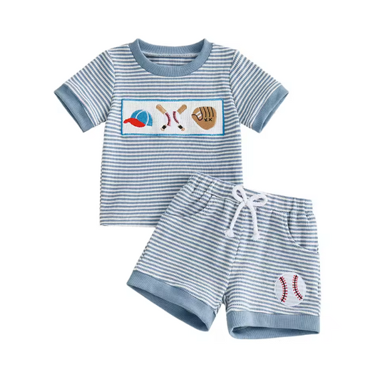 Blue Waffle Knit Embroidered Baseball Short Set