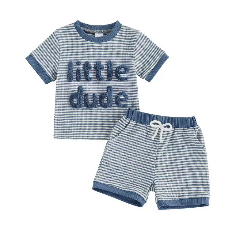 Blue Waffle Knit Little Dude Short Set