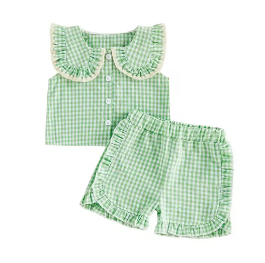 Green Ruffle Collared Button Short Set