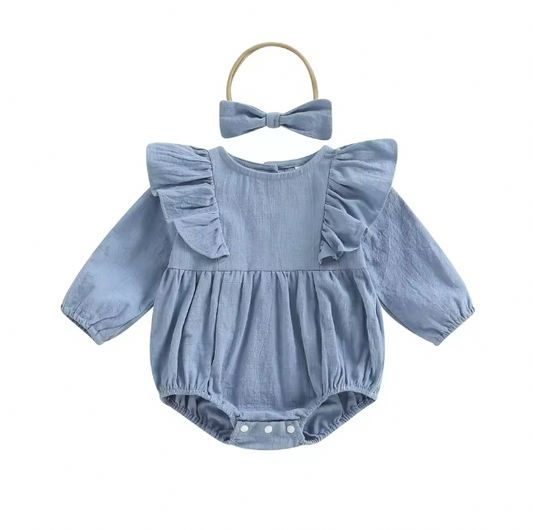 Blue Ruffle Bubble Romper and Bow