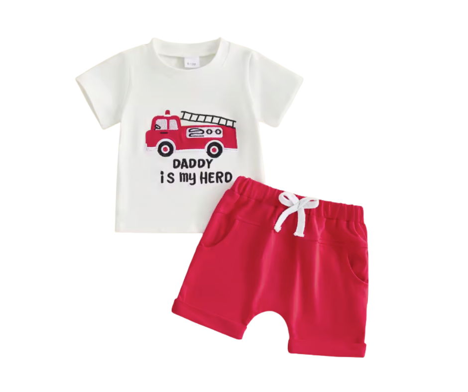 Daddy is my Hero Applique Firetruck Short Set
